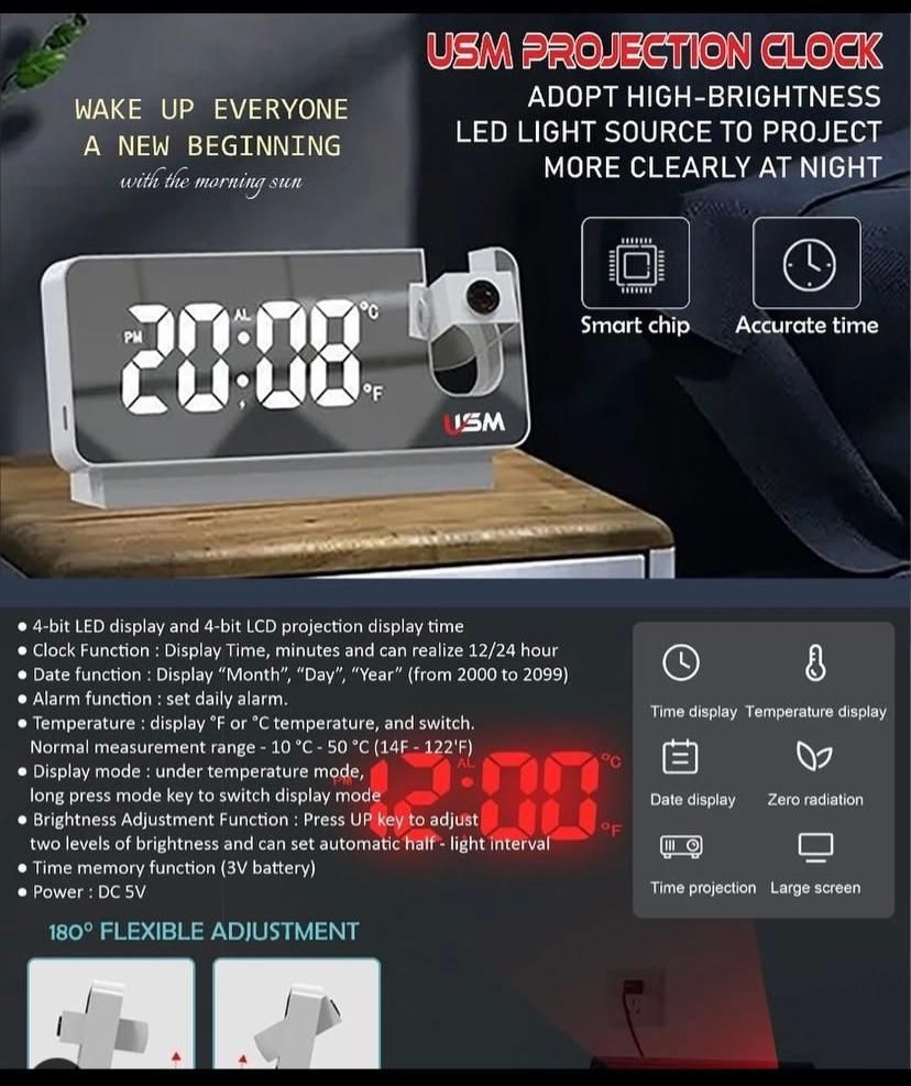 Projector Clock for Bedroom Digital Alarm Clock W/ Temperature Display